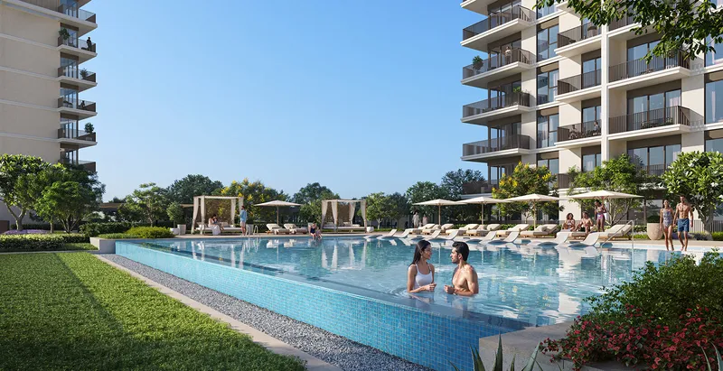 Render of the Grove Ridge infinity pool with loungers and cabanas