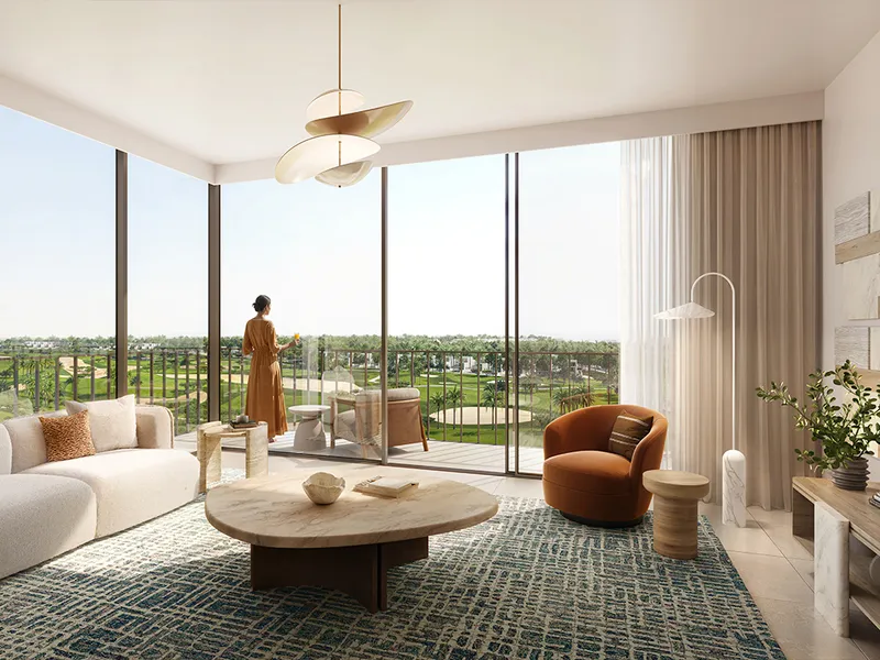 Interior render of a Grove Ridge living room looking out over the golf course
