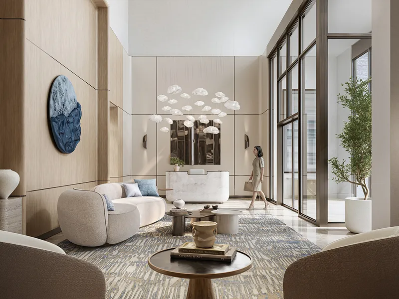 Interior render of the Grove Ridge lobby lounge with tall windows