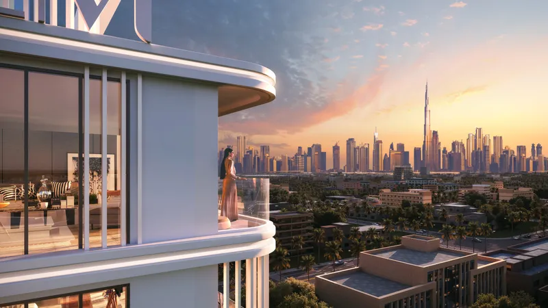 Corner balcony at LINEA by HOLM with a view over the low rise Satwa rooftops to the Downtown Dubai skyline