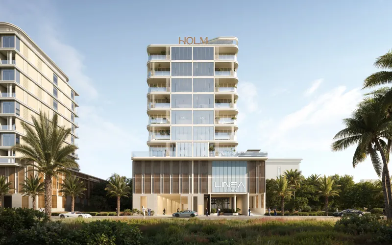Front elevation of LINEA by HOLM showing the residential floors above a timber screened podium and the ground floor entrance
