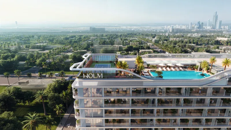 Aerial view of the LINEA by HOLM roof level showing the swimming pool, lounge terrace and enclosed padel court