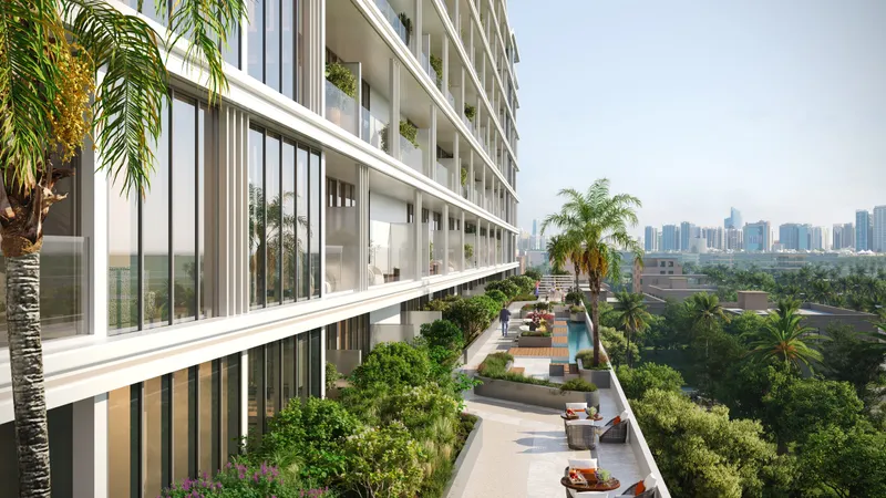 Planted terrace running alongside the glazed residential floors at LINEA by HOLM, with a lap pool and seating