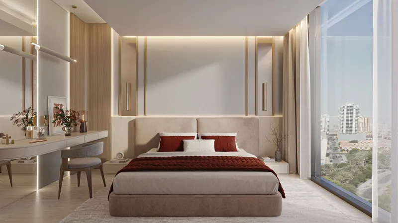 Furnished bedroom with floor-to-ceiling glazing in a HOLM One apartment