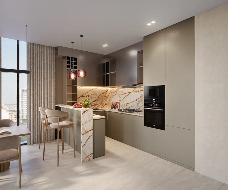 Fitted kitchen with marble splashback and breakfast bar in a HOLM One apartment