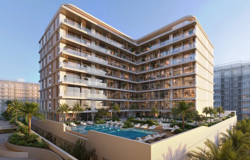 HOLM One building with its podium pool deck and palm planting