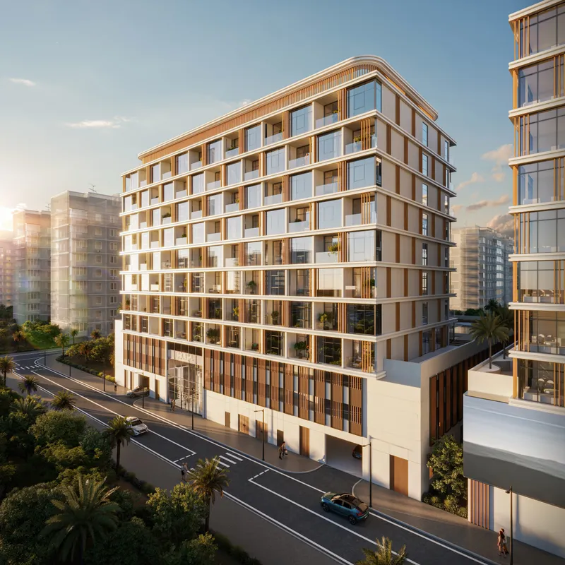 HOLM One seen from a street corner in Jumeirah Garden City at golden hour