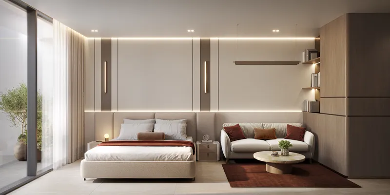 Furnished HOLM One studio with bed, sofa and built-in wardrobes