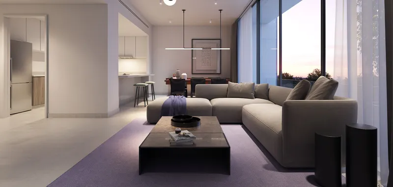 Render of a Jenna apartment living room with a grey corner sofa, open kitchen and dining area, and floor-to-ceiling windows