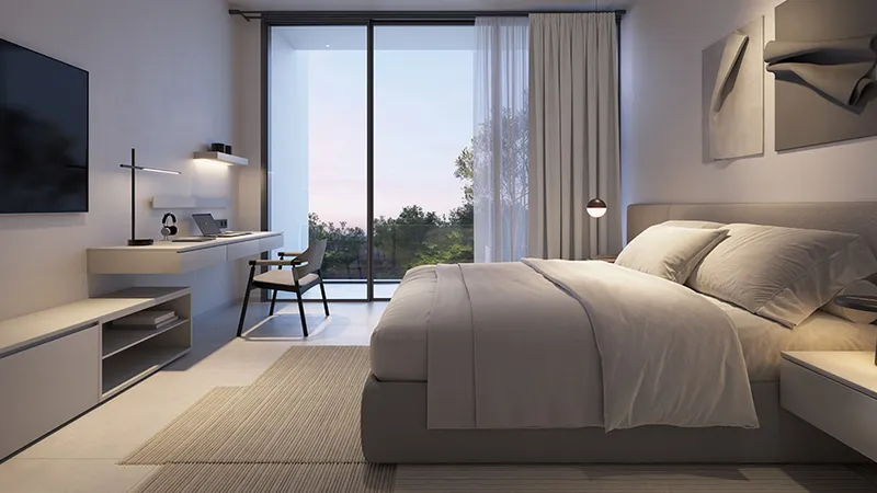 Render of a Jenna apartment master bedroom with a double bed, desk and full-height glass door to a balcony