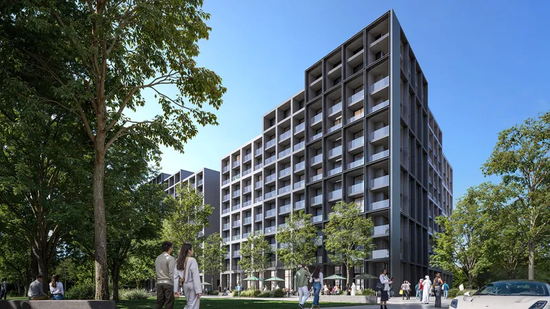 Render of the Jenna apartment buildings at Aljada seen from a tree-lined path on West Boulevard, with people walking below