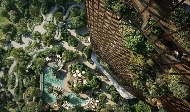 Looking down the Kanyon facade onto the pools and landscaped gardens below