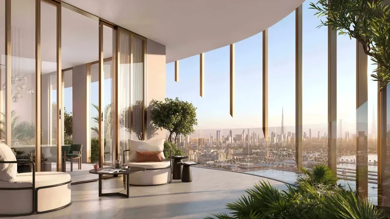 Curved balcony looking towards the Dubai skyline from Kanyon