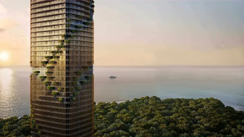 Kanyon by BEYOND tower with its planted vertical spine above the forest at sunset, Dubai Maritime City