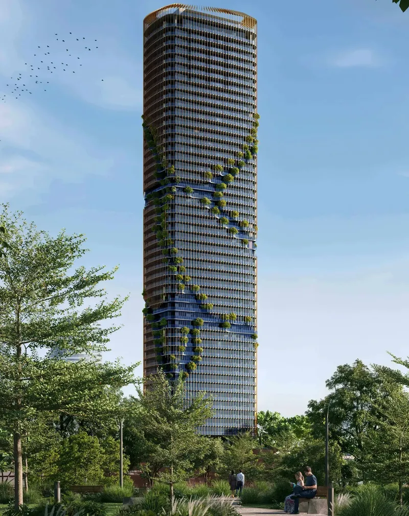 Full height of the Kanyon tower with its curving facade and green spine