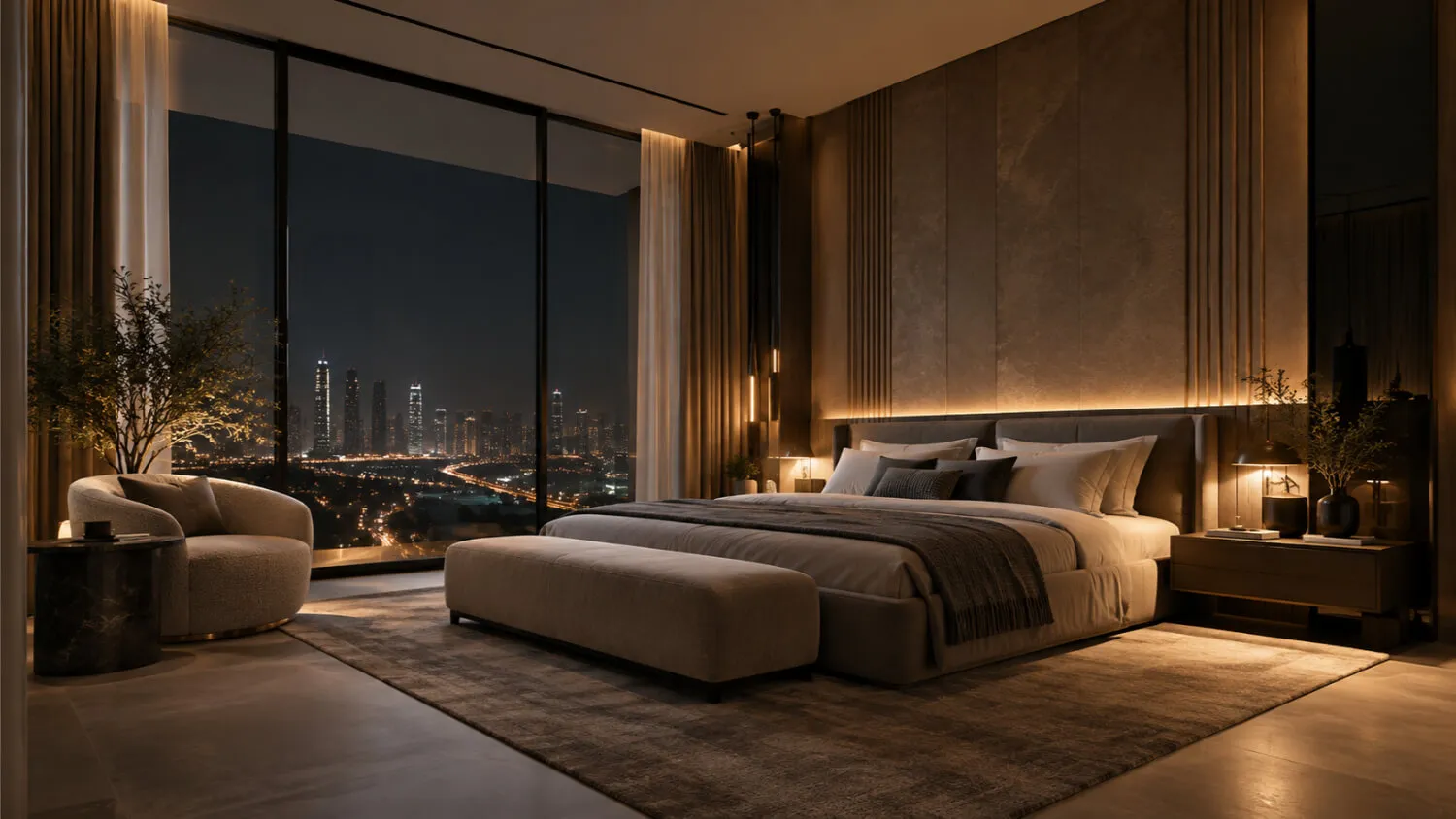 AI-generated illustration of a bedroom at night with a city skyline view, not the actual Kore by Imtiaz design