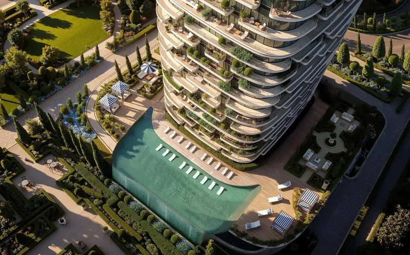 Aerial view of Le Château’s pool deck and landscaped gardens