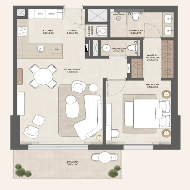 Floor plan of the 1,182 sq ft one-bedroom at Mahra showing a walk-in wardrobe, powder room, laundry and a 5.8 by 1.8 metre balcony