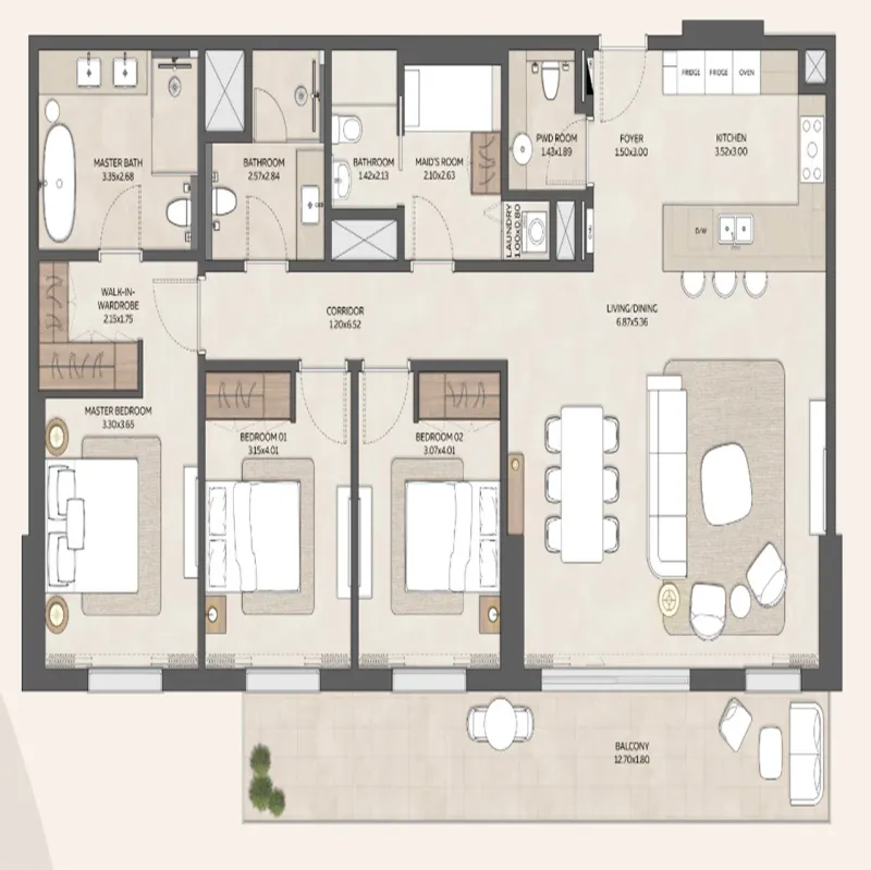 Floor plan of the 1,820 sq ft three-bedroom Type 1 at Mahra at Expo Valley Views