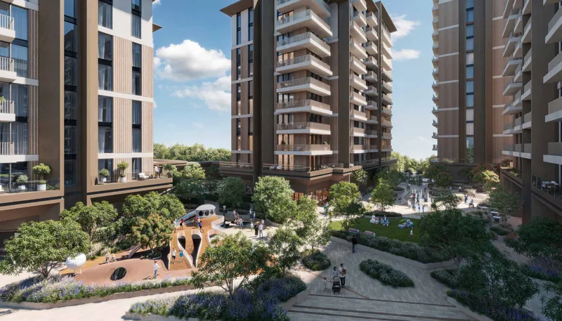 Landscaped courtyard and children play area between Expo Valley Views apartment blocks
