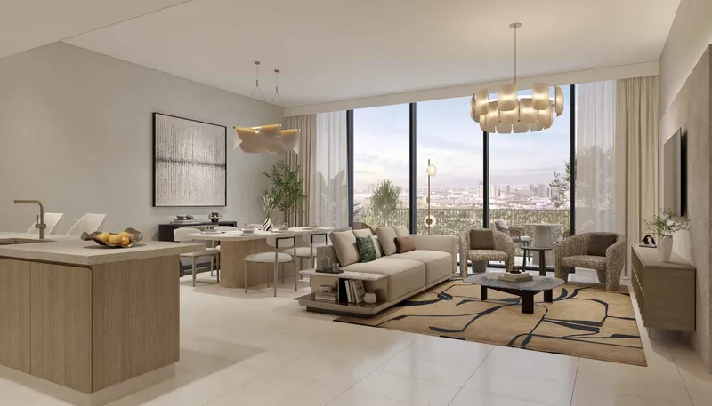 Open plan living and dining room with corner glazing over open land at Expo Valley Views