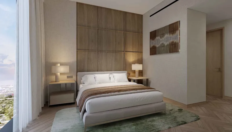 Bedroom render at Expo Valley Views with timber panelling and a window to the horizon