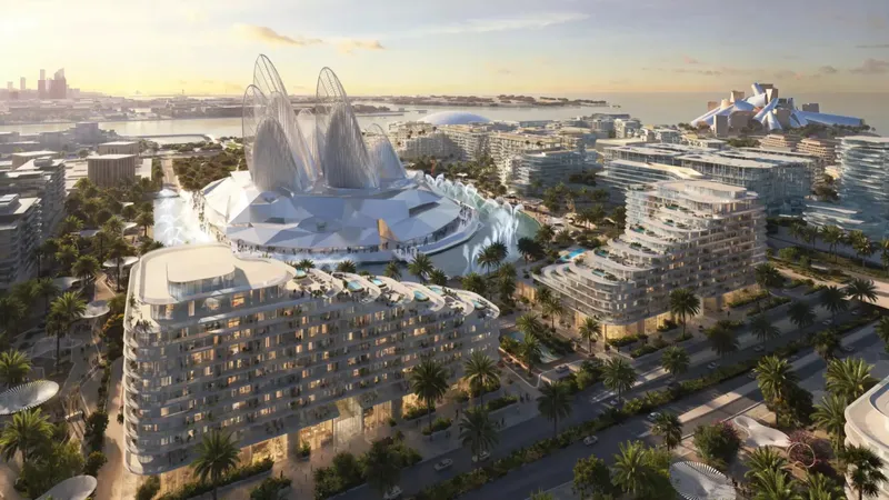 Aerial render of Saadiyat Cultural District showing the stepped Mandarin Oriental Residences buildings in front of Zayed National Museum