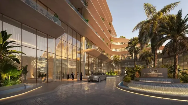 Render of the glazed ground-floor arrival court of Mandarin Oriental Residences Saadiyat with palms and a water feature