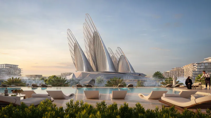 Render of the residents' pool deck at Mandarin Oriental Residences Saadiyat with sun loungers and Zayed National Museum beyond