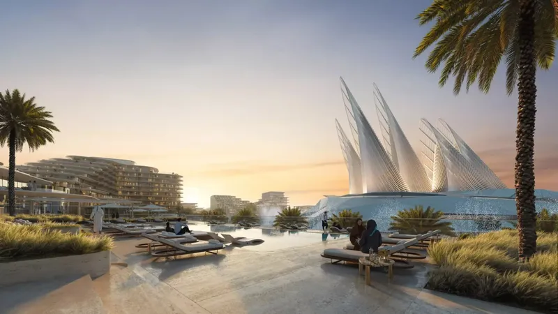 Render of the landscaped pool terrace at Mandarin Oriental Residences Saadiyat at sunset, with Zayed National Museum on the skyline