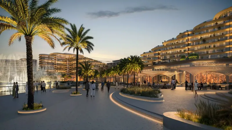 Render of the terraced Mandarin Oriental Residences buildings above a palm-lined promenade with fountains in Saadiyat Cultural District
