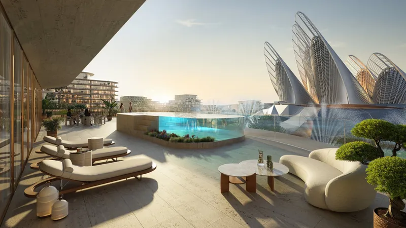Render of a large private terrace with a pool and loungers at Mandarin Oriental Residences, looking towards the wing-shaped towers of Zayed National Museum
