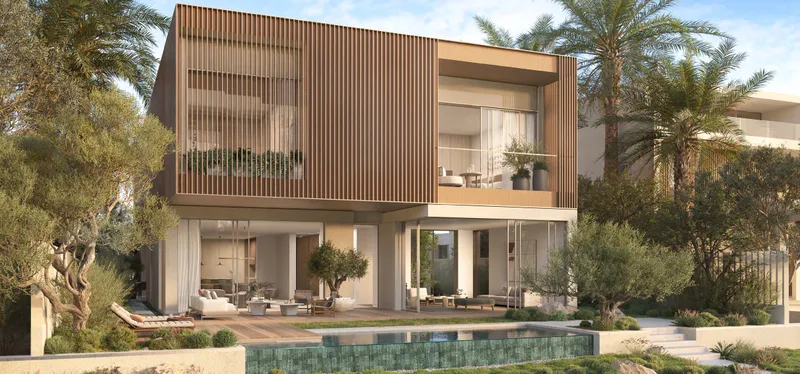 Amber Collection 5 bedroom villa at The Acres Estates with timber screens and a garden pool