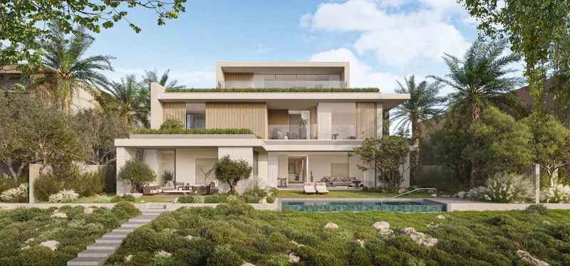Amber Collection 7 bedroom villa at The Acres Estates with terraces and a landscaped front garden