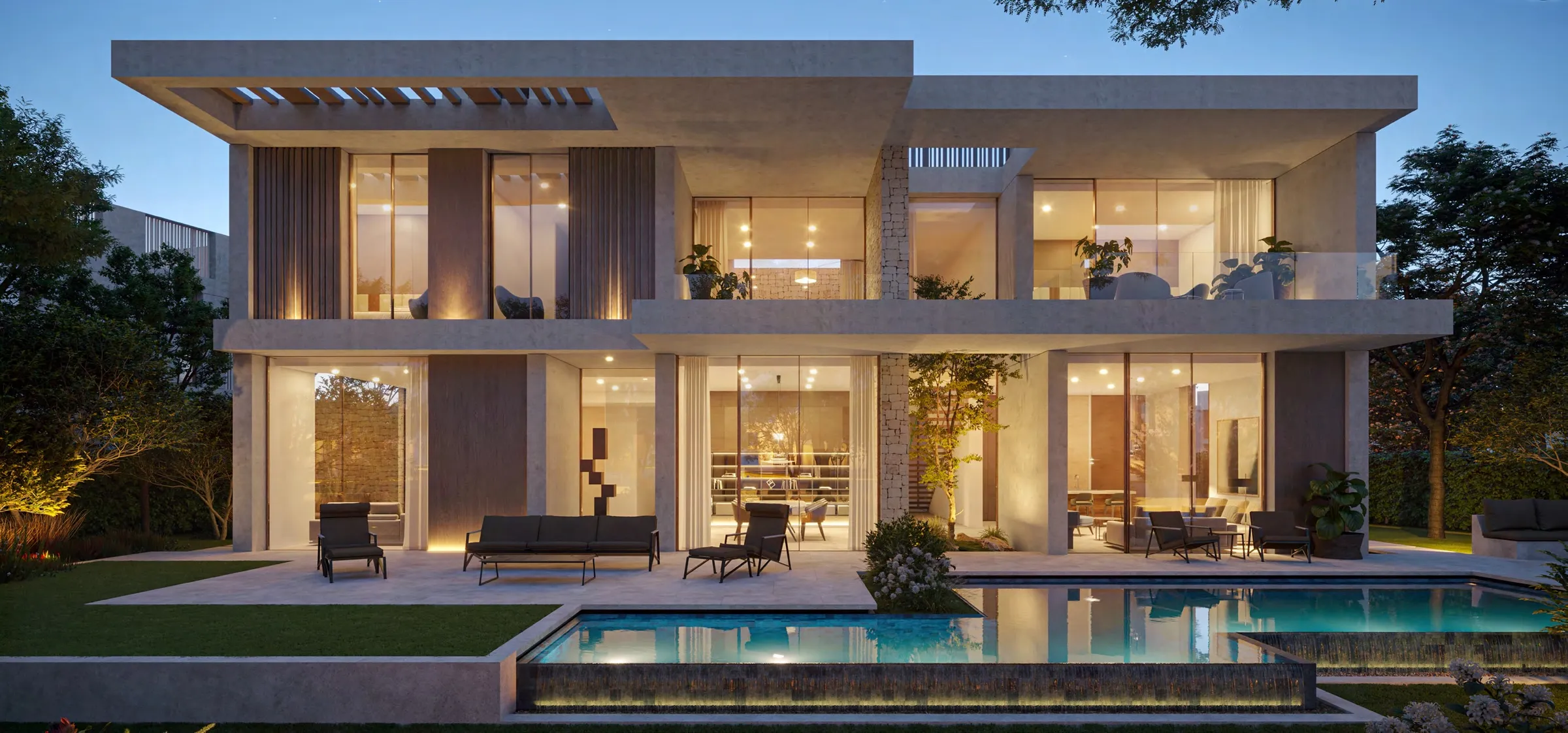 Two-storey Ivory Collection 5 bedroom villa at The Acres Estates with a lit facade and a pool in front
