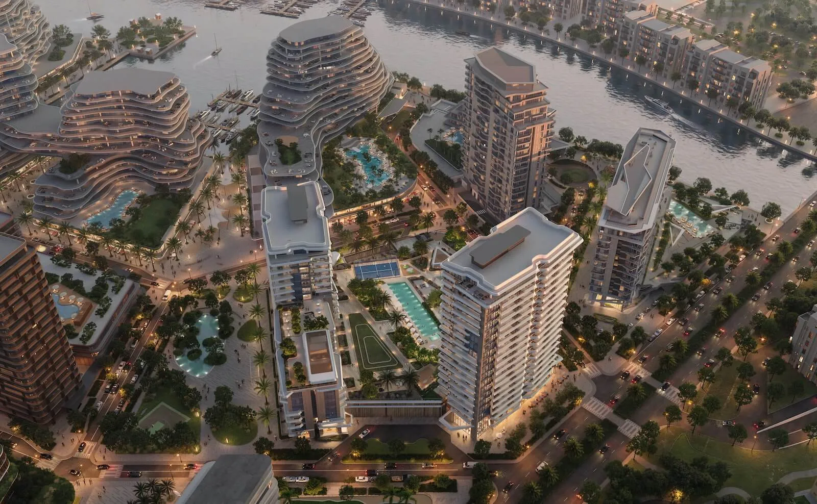 Aerial render of the Downtown Mina district within Mina Al Arab, Ras Al Khaimah, by RAK Properties