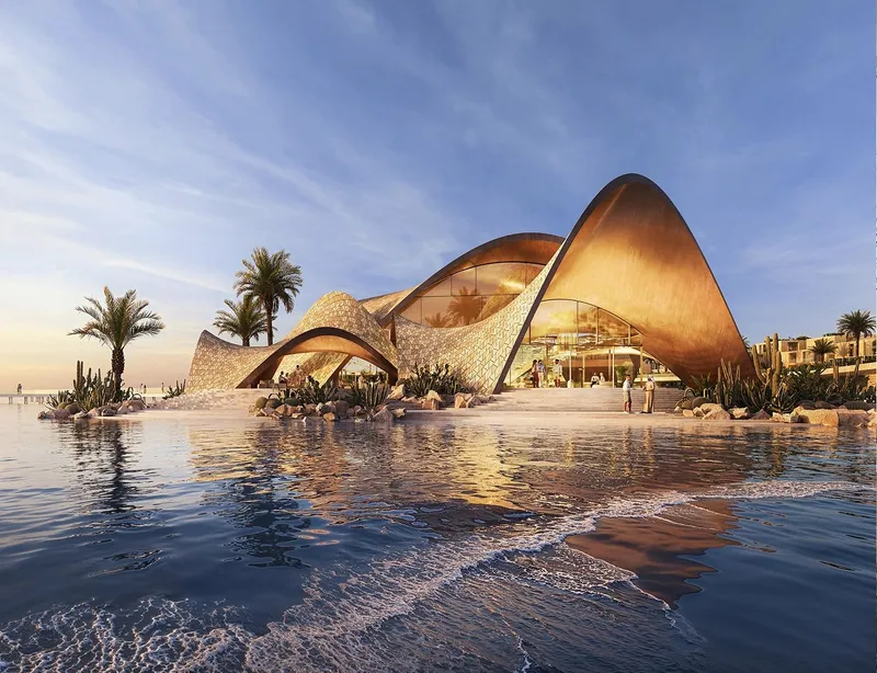Sculptural beach club pavilion on the water at Mira Coral Bay