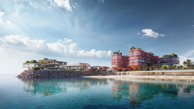 Mira Coral Bay waterfront and beach seen from the sea
