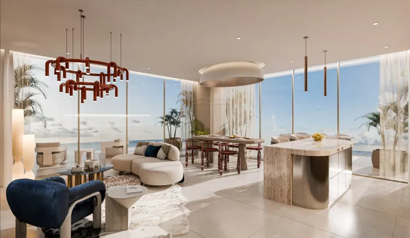 Open-plan living room and kitchen at Mondrian Al Marjan Island Beach Residences