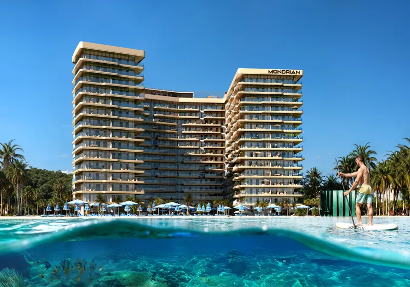 Mondrian Al Marjan Island Beach Residences towers seen from the sea