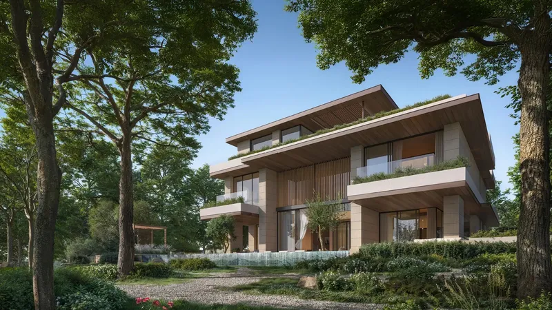 Render of a three-storey Moringa mansion with deep terraces among mature trees at The Wilds