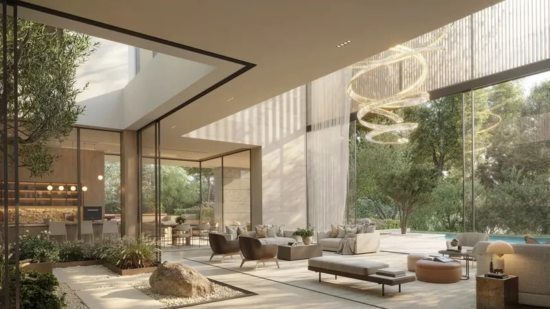 Interior render of a double-height living room in a Moringa mansion with glass walls opening to the garden