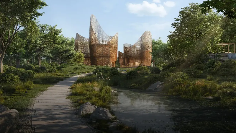 Render of The Nest Signature Pavilion at The Wilds beside a stream and footpath