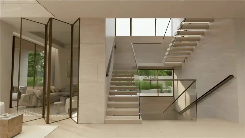 Interior render of a floating stone staircase and glass partitions inside a five bedroom Moringa mansion