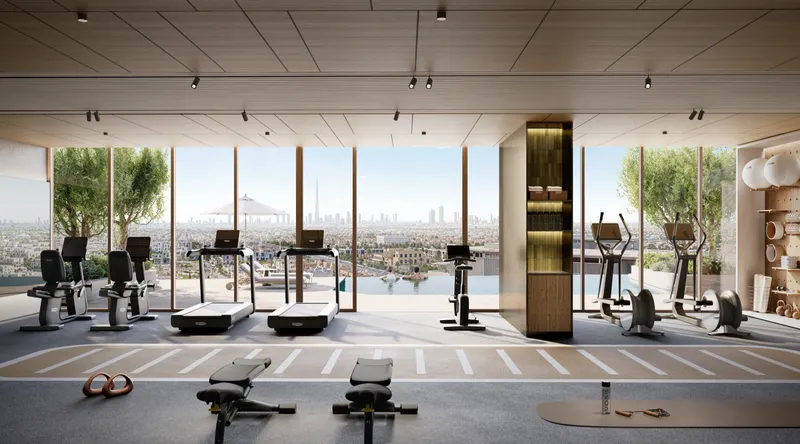 Render of the Nourelle gym with treadmills, bikes and weight benches behind full-height glass walls overlooking the pool and skyline