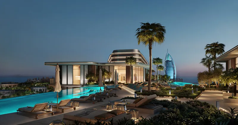 Evening render of the infinity pool and sun loungers on the Nourelle skybridge, with palms and the Burj Al Arab in the distance