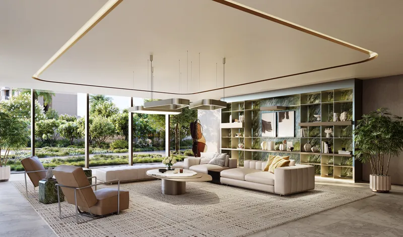 Render of a Nourelle residents' lounge with sofas, armchairs and shelving beside full-height windows onto the gardens