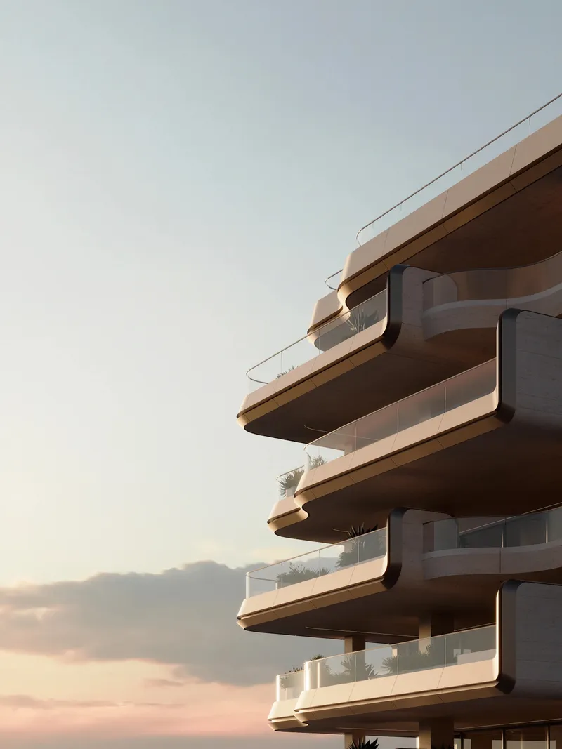 Curved balconies of The Alba Residences designed by Zaha Hadid Architects at sunset