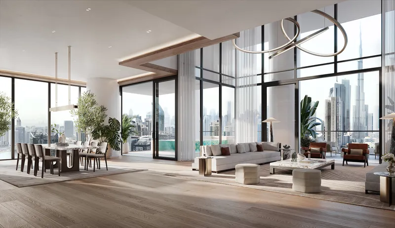 Render of a double-height VELA Viento living and dining room with floor-to-ceiling windows facing Burj Khalifa