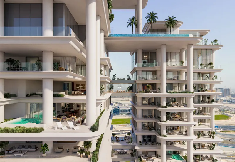 Render of VELA Viento's deep planted terraces and private terrace pools between the two towers